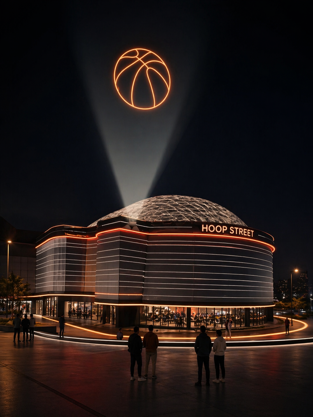 Hoop Street flagship venue at night, with a glowing basketball logo projected over a domed entertainment building
