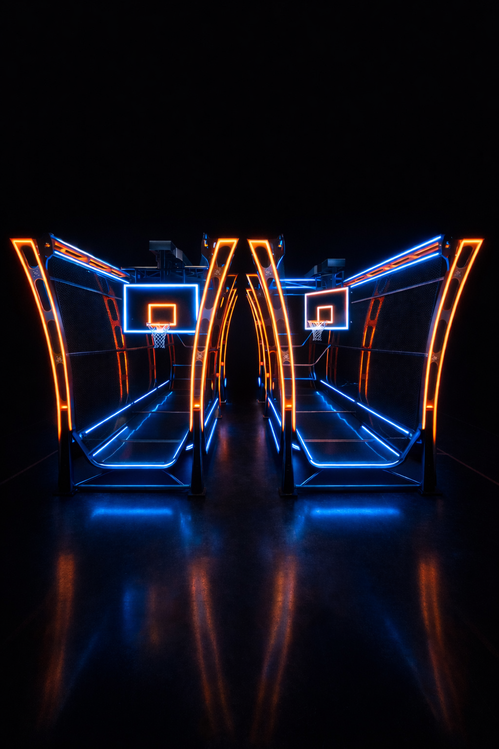The Swish basketball bay system — orange neon arches and blue-lit backboards inside a private Hoop Street bay